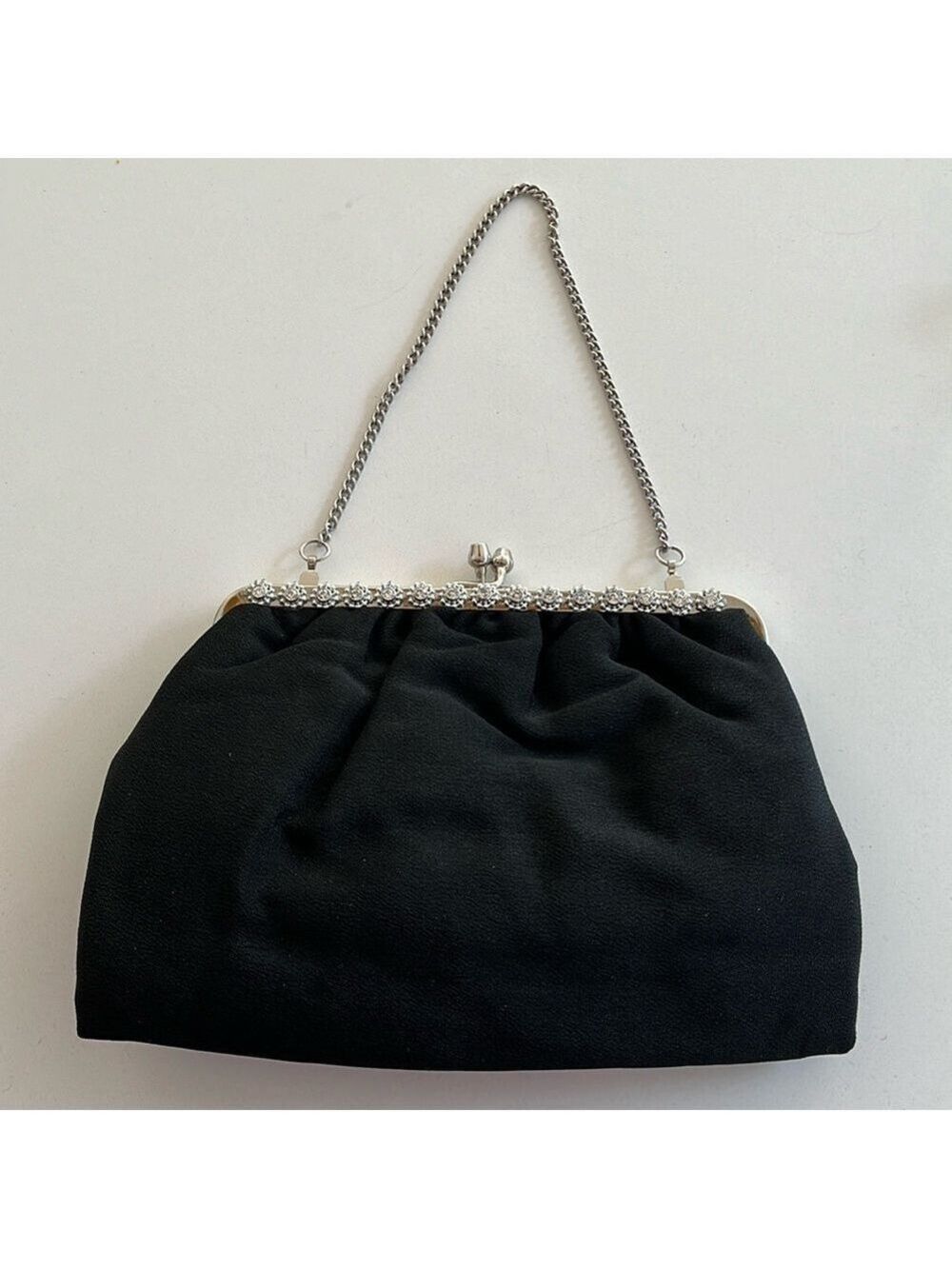 EVENING BAG Black Fabric Silver Tone Frame Style Chain Strap Rhinestone Detail